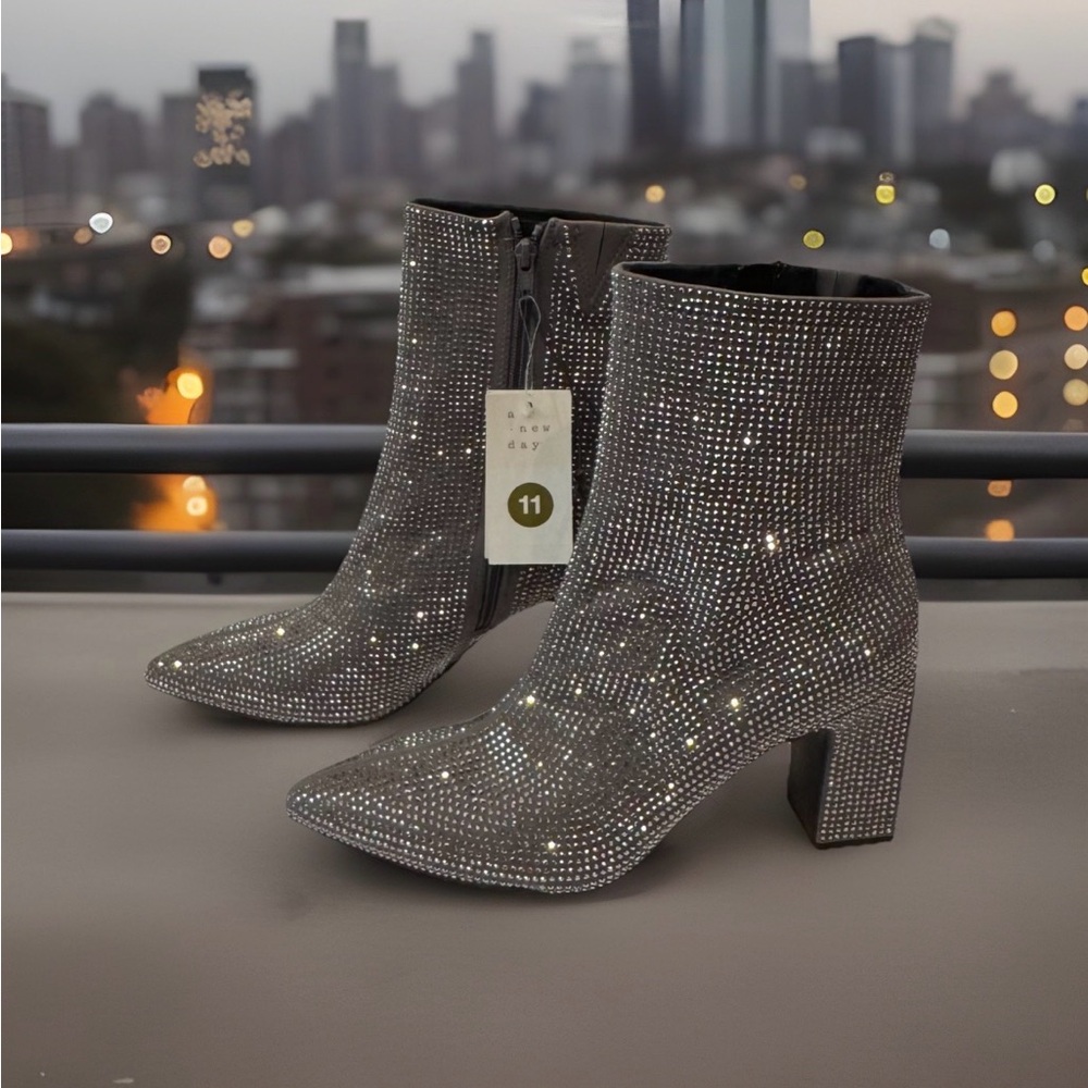 A New Day Rhinestone Sparkle Silver Ankle Boots Block Heel Size 11 NWT!